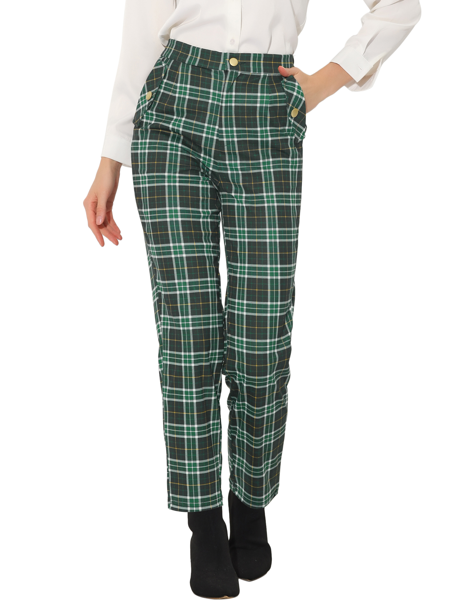 INSPIRE CHIC Women s Tartan Plaid Pants Elastic High Waist Straight INSPIRE CHIC Women s Tartan Plaid Pants Elastic High Waist Straight
