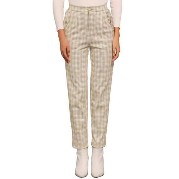 INSPIRE CHIC Women's Tartan Plaid Pants Elastic High Waist Straight Long Trousers L Khaki