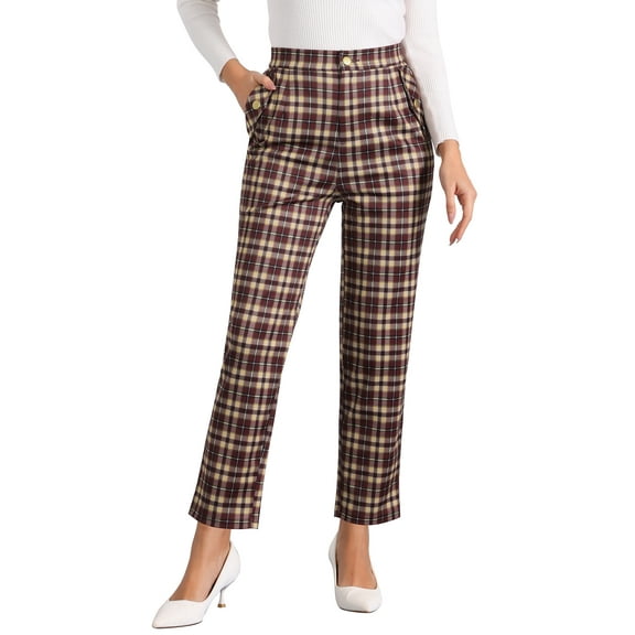 INSPIRE CHIC Women's Tartan Plaid Pants Elastic High Waist Straight Long Trousers L Wine Red Yellow