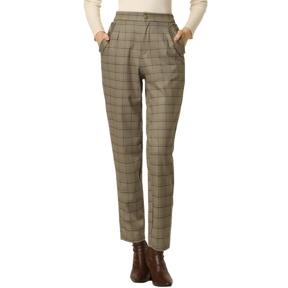 INSPIRE CHIC Women's Tartan Plaid Pants Elastic High Waist Straight Long Trousers M Camel