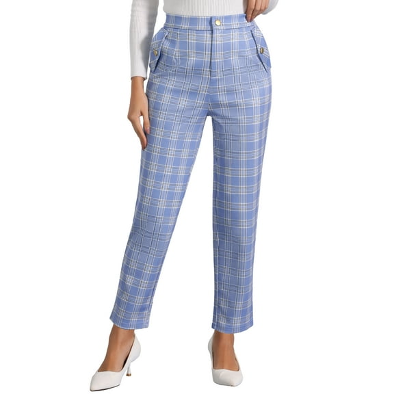 INSPIRE CHIC Women's Tartan Plaid Pants Elastic High Waist Straight Long Trousers M Light Blue