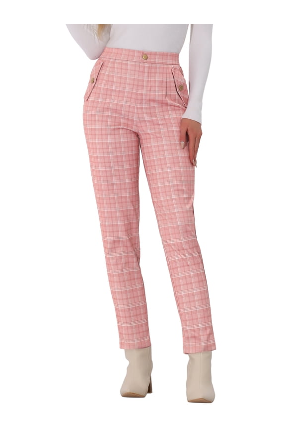 Women's Tartan Plaid Pants Elastic High Waist Straight Long Trousers M Pink