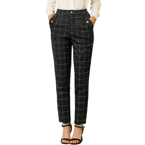 INSPIRE CHIC Women's Tartan Plaid Pants Elastic High Waist Straight Long Trousers S Black