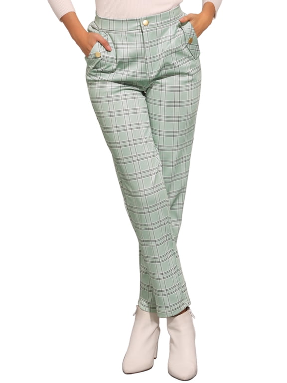 Women's Tartan Plaid Pants Elastic High Waist Straight Long Trousers S Light Green