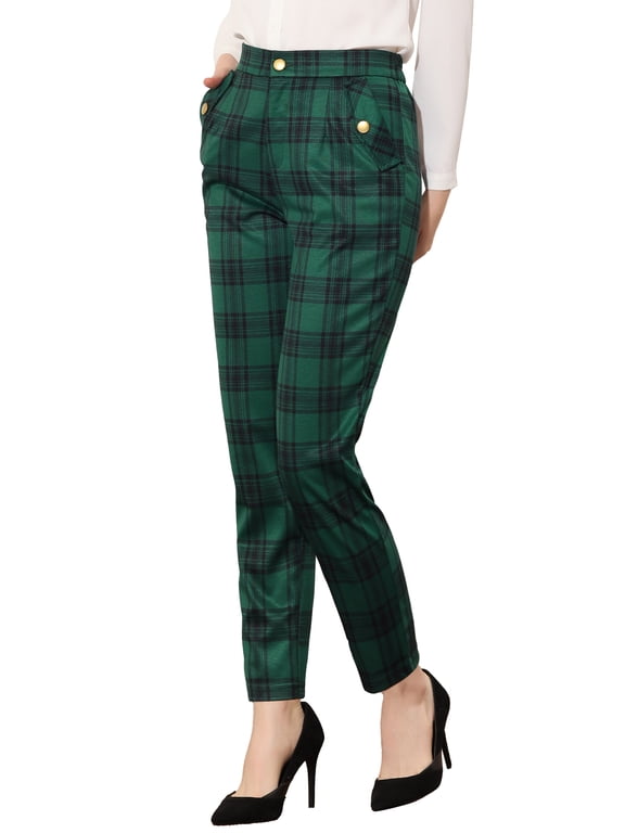 Women's Tartan Plaid Pants Elastic High Waist Straight Long Trousers XL Green