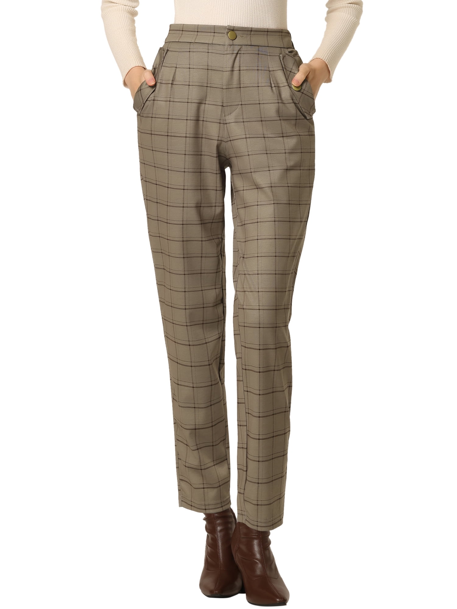 INSPIRE CHIC Women's Tartan Plaid Pants Elastic High Waist