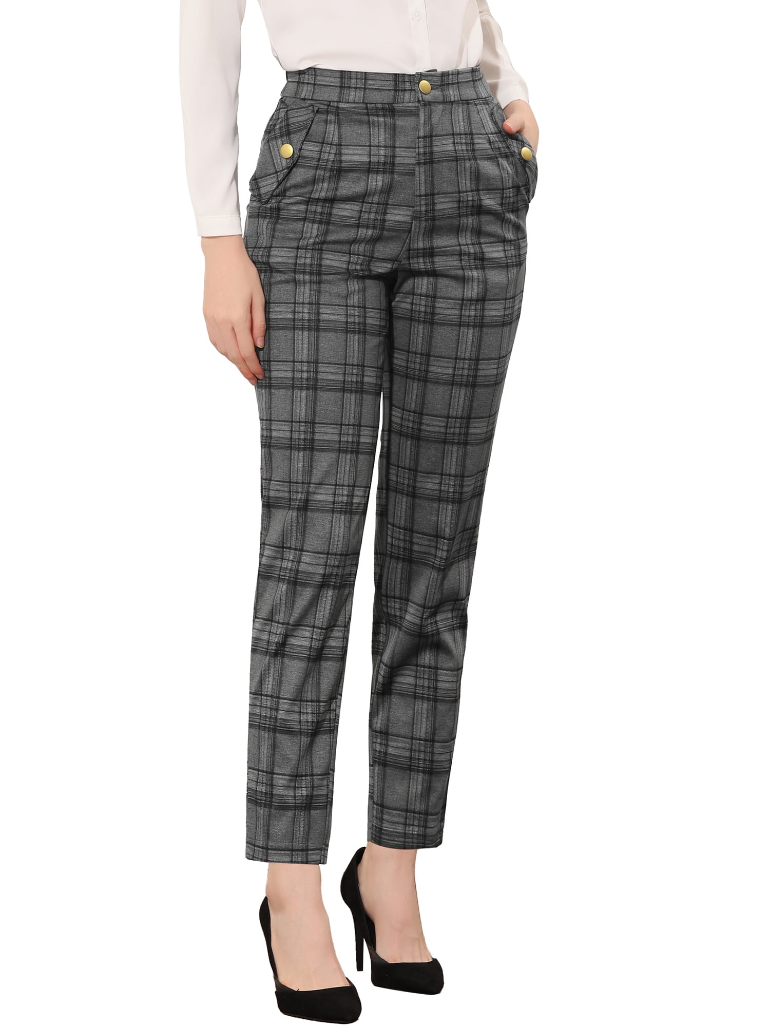 Allegra K Women's Vintage Tartan Plaid Elastic Waist Straight Long Trousers  Green Large