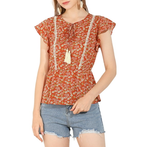 Allegra K Women's Tassel Tie Square Neck Short Sleeve Floral Vintage Blouses