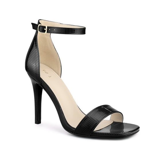 BLISSFUL STEP Women's Textured Square Toe Buckle Ankle Strap Stiletto Heel Sandals Black (Size 7)