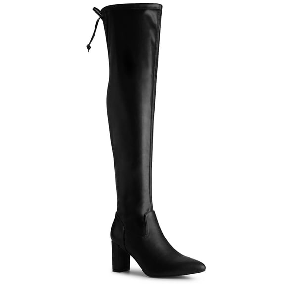 BLISSFUL STEP Women's Boots Faux Leather Over The Knee Thigh High Chunky Heel Pointed Toe Boots Black 9