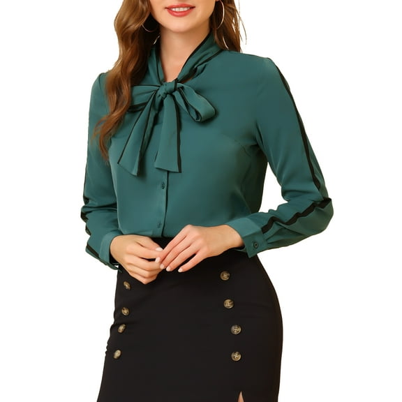 INSPIRE CHIC Women's Tie Bow Neck Contrast Trim Long Sleeve Office Blouse Top