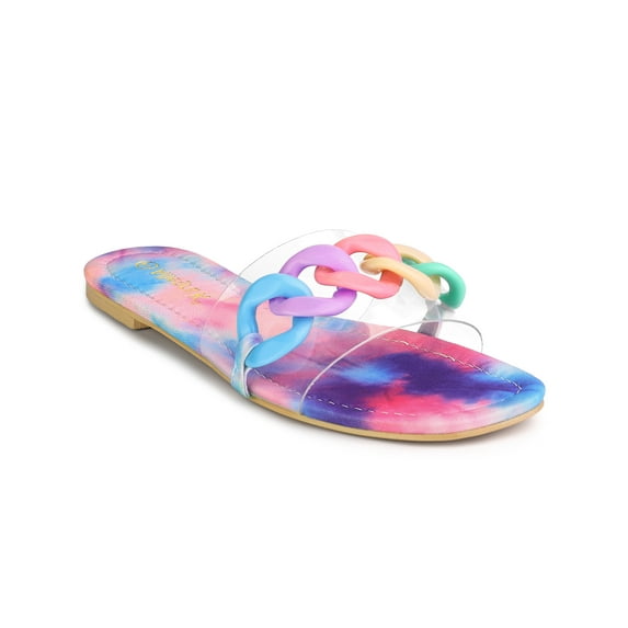 BLISSFUL STEP Women's Tie Dye Chain Clear Flats Slides Slipper Sandals Pink Blue 7
