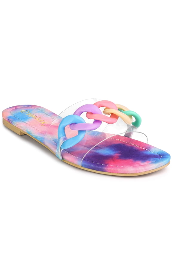 Women's Tie Dye Chain Clear Flats Slides Slipper Sandals Pink Blue 9