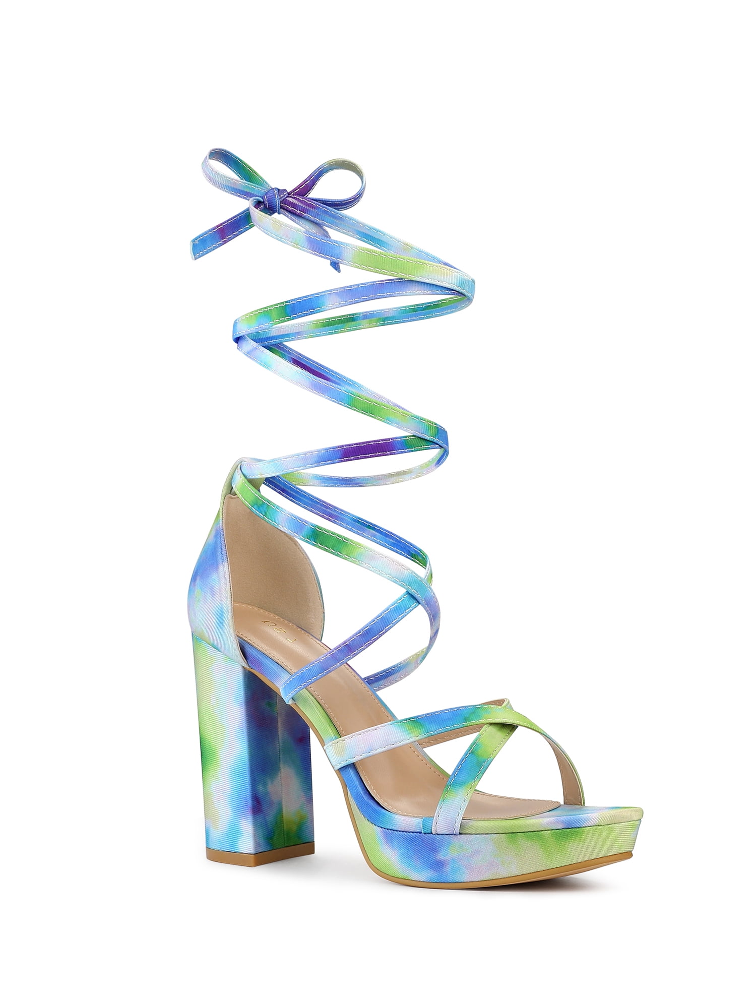 Allegra K Women's Tie-Dye Platform Sandals - Chunky Heel, Lace-Up Ankle Tie, 4 5/7\" Heel, Black Multi-Color, Size 10 M US - View #5