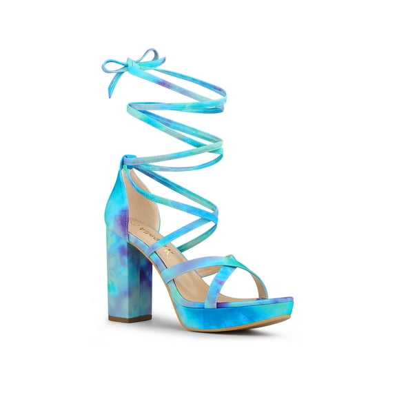 BLISSFUL STEP Women's Tie Dye High Heel Sandal Platform Block Heel Prom Sandals Cyan 8.5
