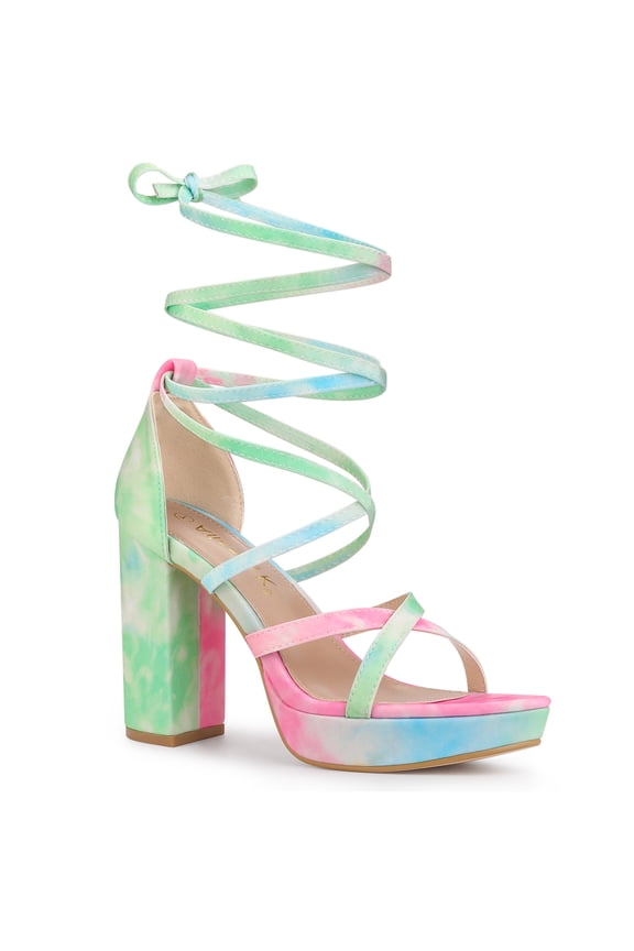 Women's Sandals Tie Dye Lace Up Platform Open Toe Chunky Heel Party Shoes Green 9