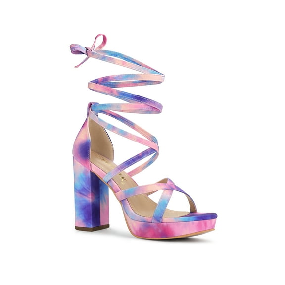 BLISSFUL STEP Women's Tie Dye High Heel Sandal Platform Block Heel Prom Sandals Blue Pink 8.5