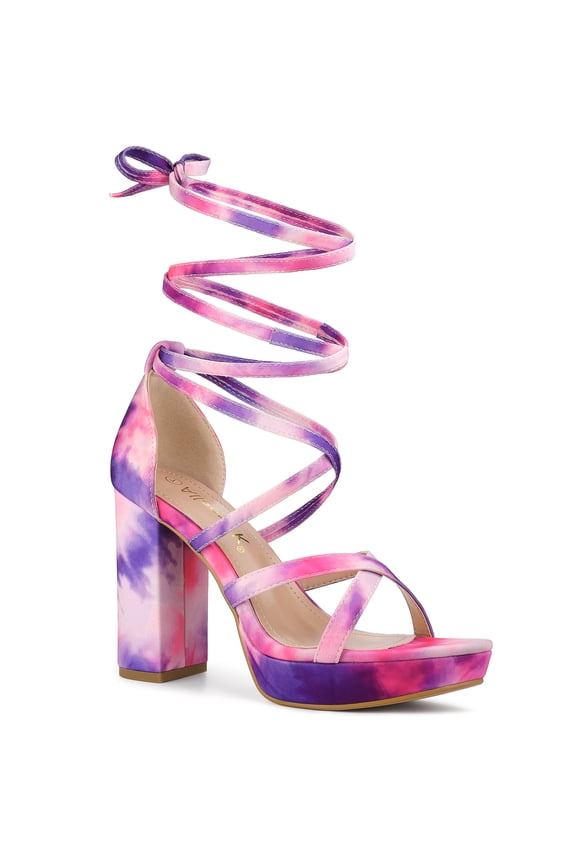 Women's Tie Dye High Heel Sandal Platform Block Heel Prom Sandals Purple 7.5