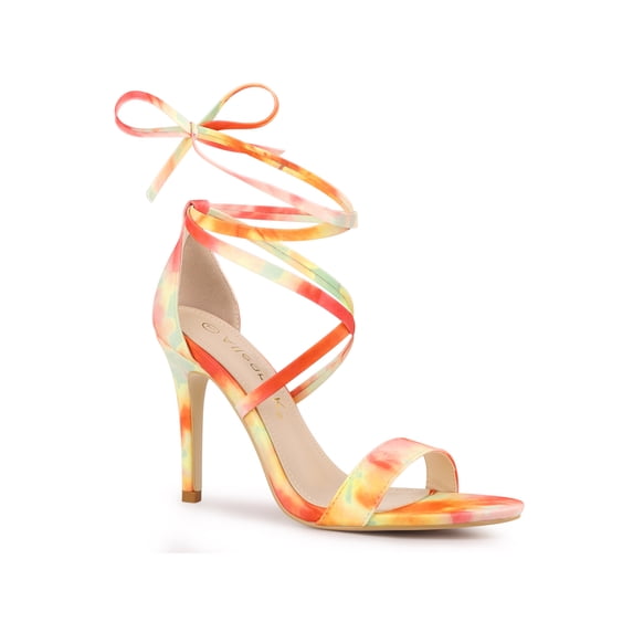 BLISSFUL STEP Women's Sandals Tie Dye Lace-Up Stiletto Heel Open Toe Sandals Orange 7