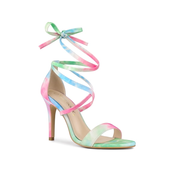 BLISSFUL STEP Women's Tie Dye Lace up Sandal Prom Open Toe Stiletto Heels Sandals