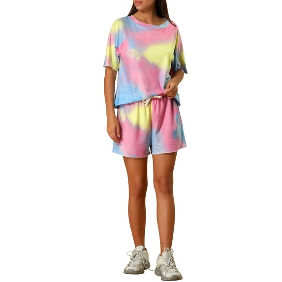 INSPIRE CHIC Women's Tie Dye Short Sleeve T-Shirt and Drawstring Shorts Pajamas Sets S Pink