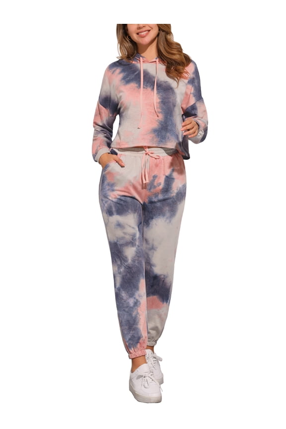 Women's Tie Dye Sweatsuits Pullover Hoodie Sweatshirt Drawstring Jogging 2 Piece Tracksuit Outfit Set L Pink Black