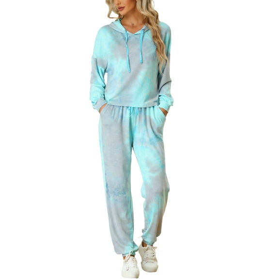 INSPIRE CHIC Women's Tie Dye Sweatsuits Pullover Hoodie Sweatshirt Drawstring Jogging 2 Piece Tracksuit Outfit Set S Light Blue