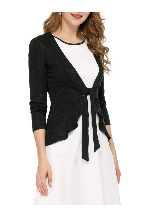 Women's Tie Front Long Sleeve Ruffled Hem Open Front Knit Cardigan L Black