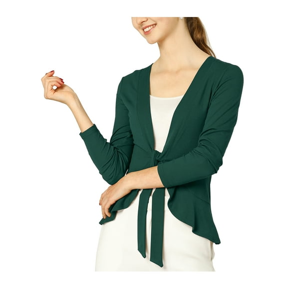 INSPIRE CHIC Women's Tie Front Long Sleeve Ruffled Hem Open Front Knit Cardigan L Green