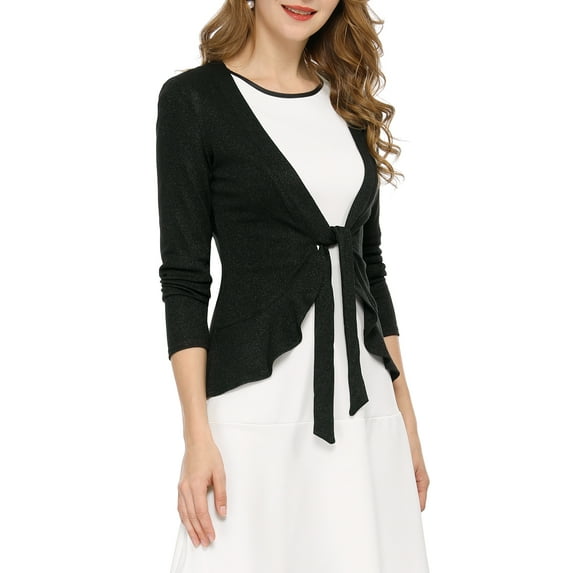INSPIRE CHIC Women's Tie Front Long Sleeve Ruffled Hem Open Front Knit Cardigan M Black