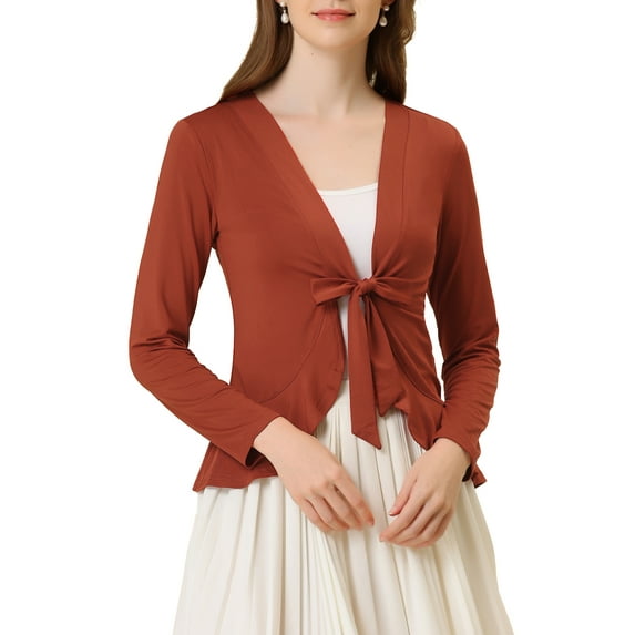 INSPIRE CHIC Women's Tie Front Long Sleeve Ruffled Hem Open Front Knit Cardigan M Brown Red