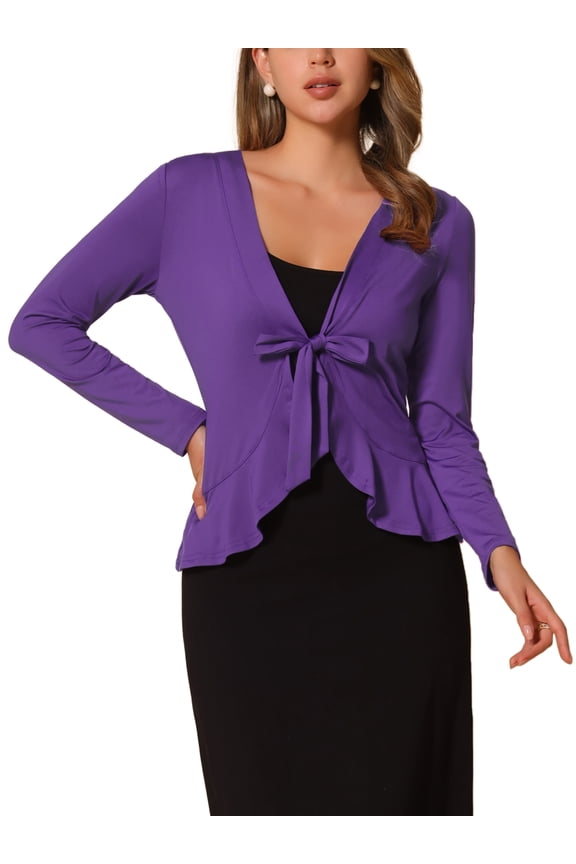 Women's Back to School Tie Front Long Sleeve Ruffled Hem Open Front Knit Cardigan M Deep Purple
