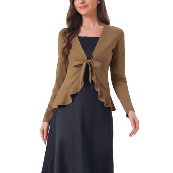 INSPIRE CHIC Women's Tie Front Long Sleeve Ruffled Hem Open Front Knit Cardigan M Khaki