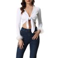 thumbnail image 1 of INSPIRE CHIC Women's Tie Front Open Navel Cardigan Feather Cuff Long Sleeve M White, 1 of 5