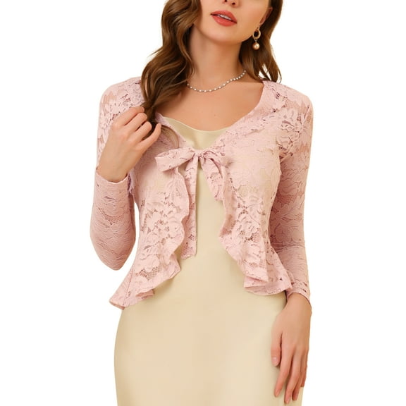 INSPIRE CHIC Valentine's Day Women's Floral Lace Cardigans Tie Front Ruffled Hem Sheer Crop Bolero Shrug 3XL Pink