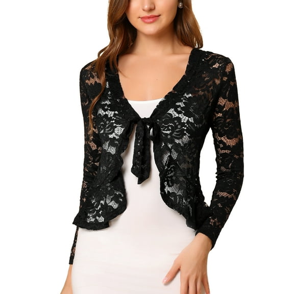 INSPIRE CHIC Valentine's Day Women's Floral Lace Cardigans Tie Front Ruffled Hem Sheer Crop Bolero Shrug L Black