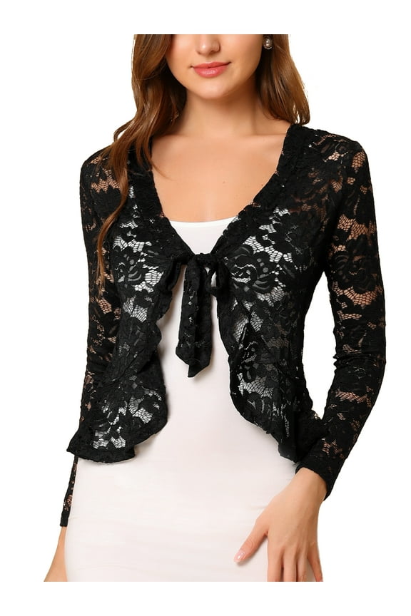 Valentine's Day Women's Floral Lace Cardigans Tie Front Ruffled Hem Sheer Crop Bolero Shrug L Black