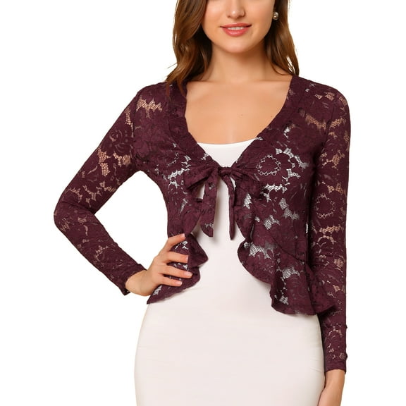 INSPIRE CHIC Valentine's Day Women's Floral Lace Cardigans Tie Front Ruffled Hem Sheer Crop Bolero Shrug L Burgundy