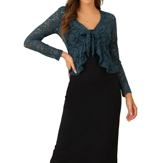 INSPIRE CHIC Valentine's Day Women's Floral Lace Cardigans Tie Front Ruffled Hem Sheer Crop Bolero Shrug L Dark Blue Grey