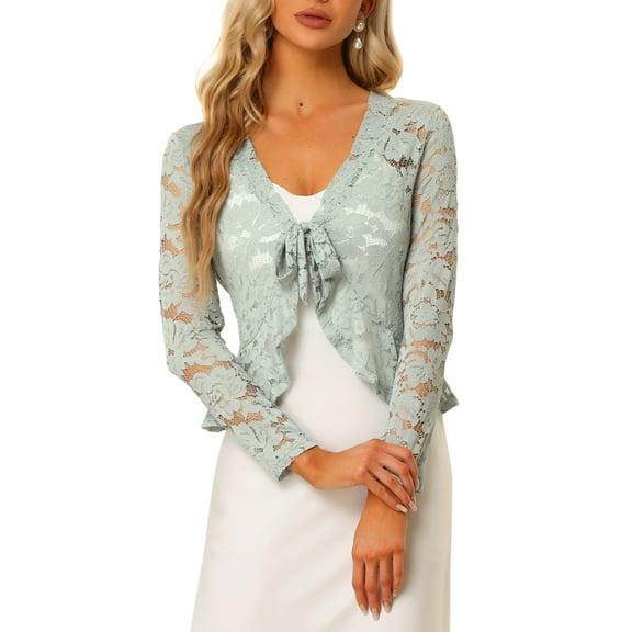 INSPIRE CHIC Valentine's Day Women's Floral Lace Cardigans Tie Front Ruffled Hem Sheer Crop Bolero Shrug L Grey