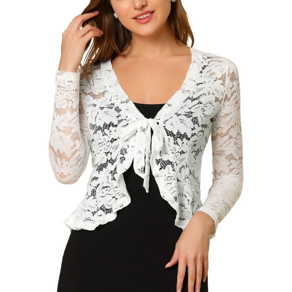INSPIRE CHIC Valentine's Day Women's Floral Lace Cardigans Tie Front Ruffled Hem Sheer Crop Bolero Shrug L White