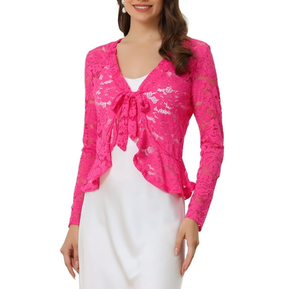 INSPIRE CHIC Valentine's Day Women's Floral Lace Cardigans Tie Front Ruffled Hem Sheer Crop Bolero Shrug S Hot Pink
