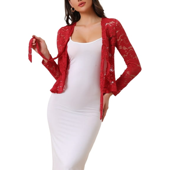 INSPIRE CHIC Valentine's Day Women's Floral Lace Cardigans Tie Front Ruffled Hem Sheer Crop Bolero Shrug XL Red