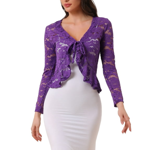 INSPIRE CHIC Valentine's Day Women's Floral Lace Cardigans Tie Front Ruffled Hem Sheer Crop Bolero Shrug XL Violet Purple