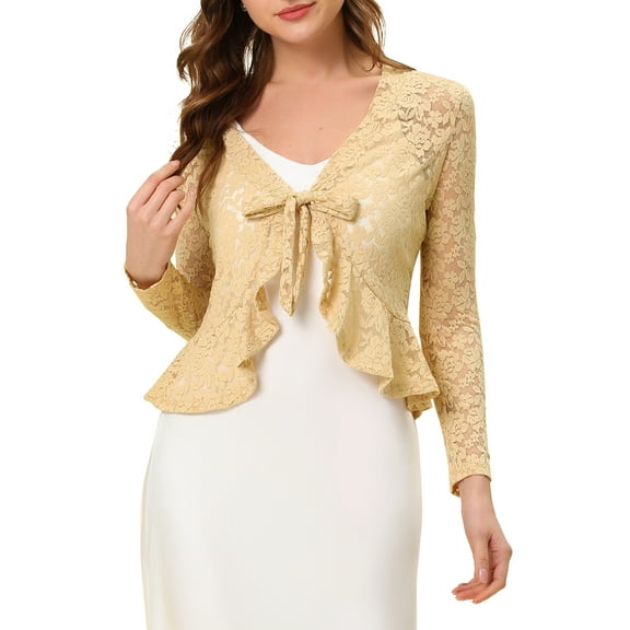 INSPIRE CHIC Valentine's Day Women's Floral Lace Cardigans Tie Front Ruffled Hem Sheer Crop Bolero Shrug XS Beige