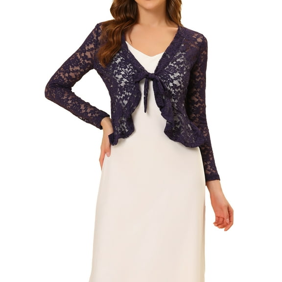INSPIRE CHIC Valentine's Day Women's Floral Lace Cardigans Tie Front Ruffled Hem Sheer Crop Bolero Shrug XS Purple