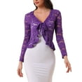 thumbnail image 1 of INSPIRE CHIC Valentine's Day Women's Floral Lace Cardigans Tie Front Ruffled Hem Sheer Crop Bolero Shrug XS Violet Purple, 1 of 7