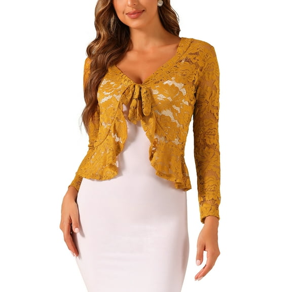 INSPIRE CHIC Valentine's Day Women's Floral Lace Cardigans Tie Front Ruffled Hem Sheer Crop Bolero Shrug XS Yellow