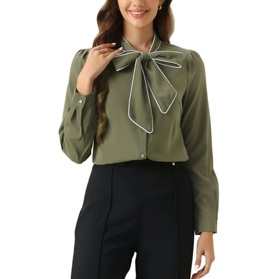 INSPIRE CHIC Women's Tie Neck Button Down Work Long Sleeves Blouse Shirts L Navy Green