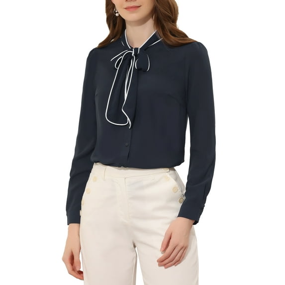 INSPIRE CHIC Women's Tie Neck Button Down Work Long Sleeves Blouse Shirts M Dark Blue